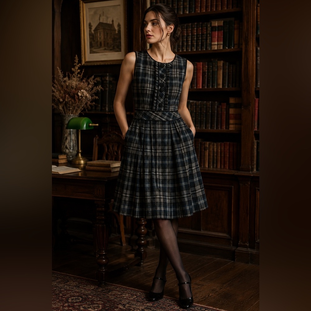 Valerie Dumaine Plaid Wool Dress Large Canada Dark Academia Pockets Fall Y2K